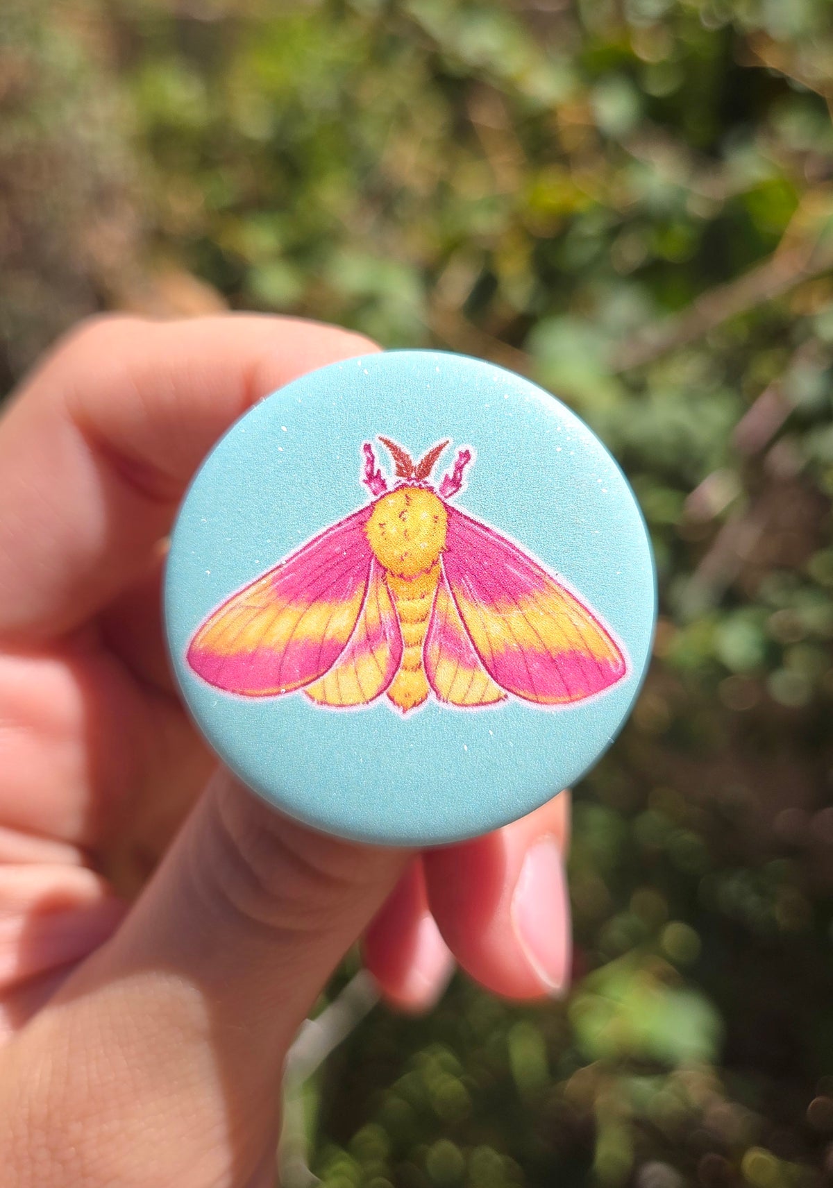 "Rosy Maple Moth" 1.5 Inch Shimmer Button Pin