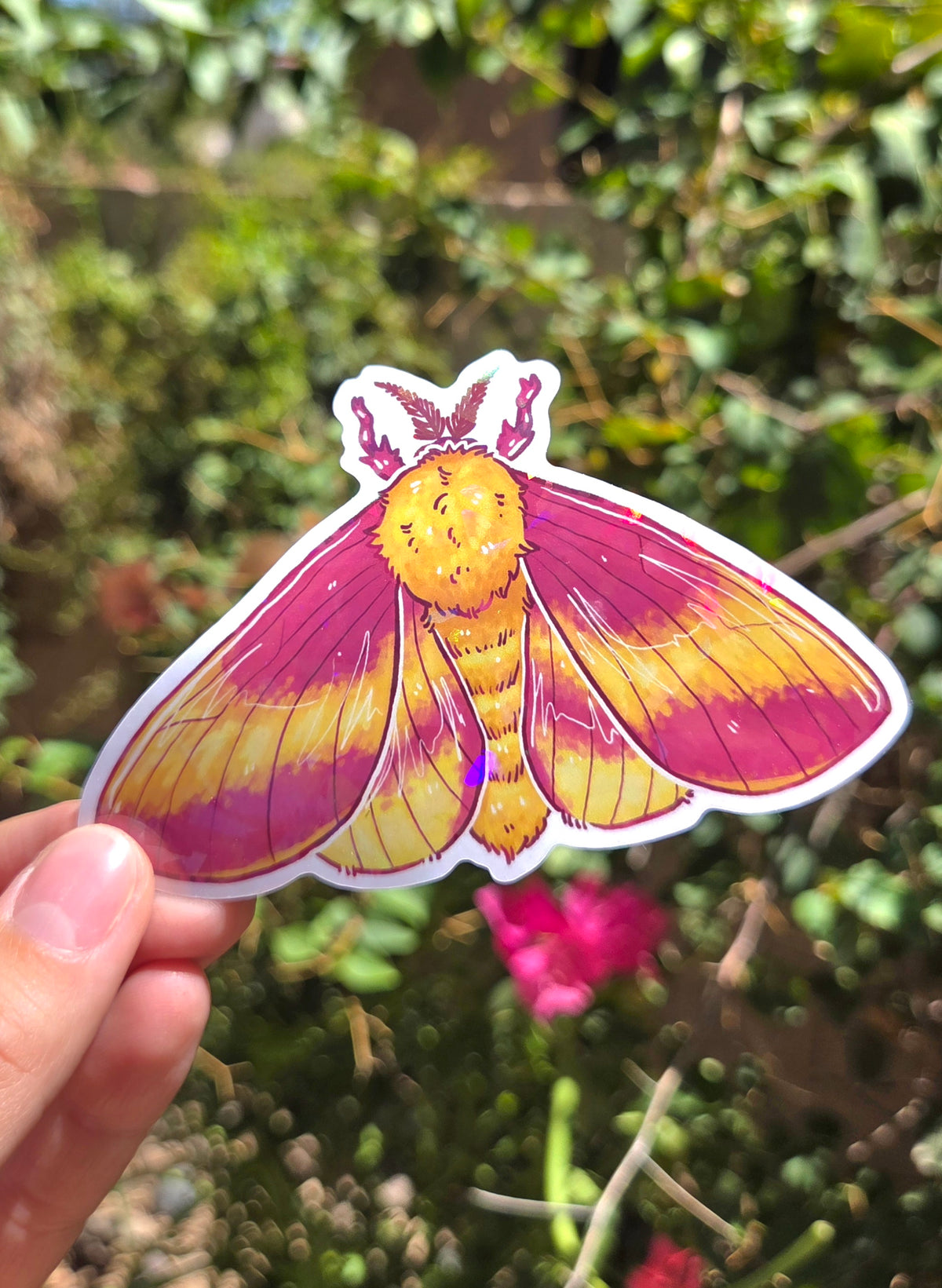 "Rosy Maple Moth" 4 Inch Waterproof Holographic Vinyl Sticker